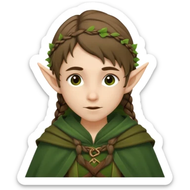 forest elf, brown braid, green cloak, gentle expression sticker