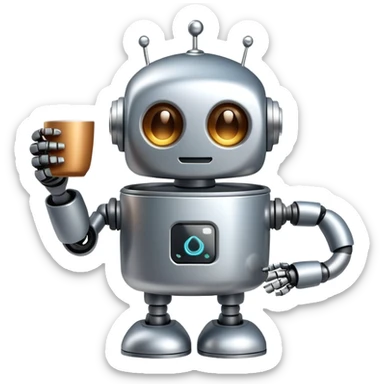 A cute robot holding a steaming coffee mug sticker