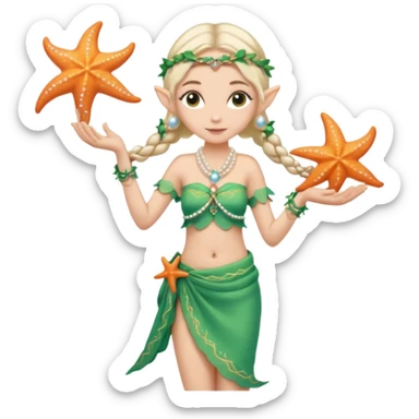 elf female Sarong with bioluminescent embroidery, armful of starfish, hair in a braid with pearl pins sticker