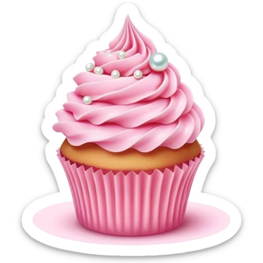 Cinematic Realistic Pink Cupcakes, fluffy pastel pink frosting swirled elegantly on top of golden cupcakes, tiny edible pearls adding a delicate touch, soft warm lighting creating a dreamy atmosphere, glowing with sweetness and charm. sticker
