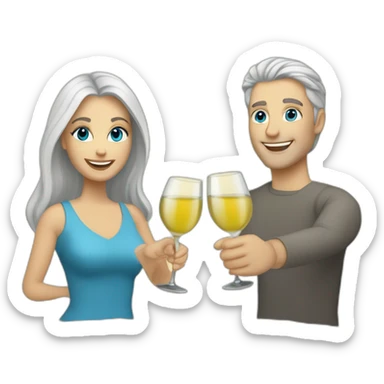 caucasian woman with brown eyes and blond medium long hair and a caucasian man with blue eyes and grey hair, toasting with a glass of white wine sticker