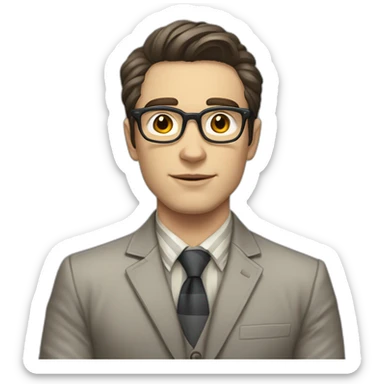 Pale skinned Fit Man With dark brown hair in gray jacket with stripe In the form of emblem Ψ, beige office shirt and vintage glasses Sitting at the table sticker