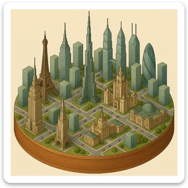 Оставь основу картинки - деревянную подставку, но при этом сгенерируй изометрическую модель города где будет самые узнаваемые здания мира Эмпайр Стейт Билдинг, Эйфелева башня, здание МГУ, Бурдж-Халифа, Башни Петронас, Небоскрёб Фостера в Лондоне, Рейхстаг, Тайбэй sticker