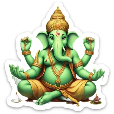 green ganesha hindu god with 4 hands, one hand with a rope, one hand with broken horn, one hand with and sphere and roght low hand in varada mudra sticker
