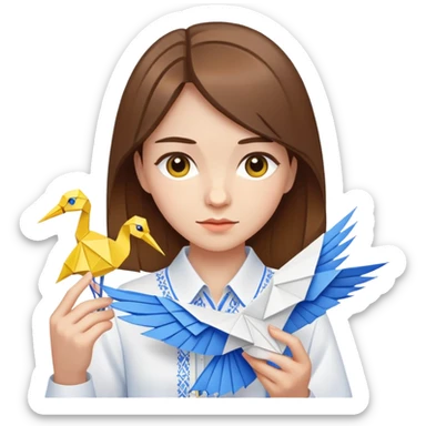 Ukrainian young girl with brown hair wearing a white embroidered shirt holds an origami yellow-blue crane sticker