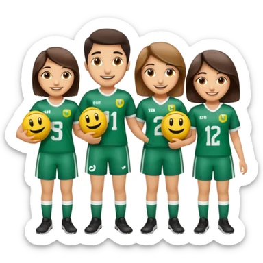 Make 5 decent characters include 4 girls and 1 boy and mentioned there names on there jersey ist husna, tuba, maleeha,alishba and boy Talha also smiley.creat a sign board and a besties off UOM and the  sign board takes by boy in his hand sticker