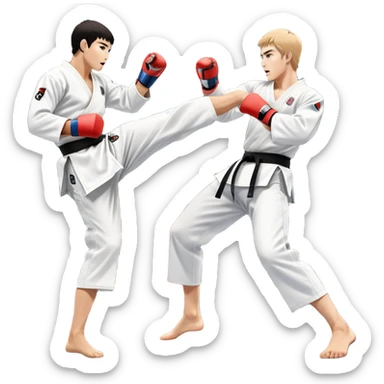 Two taekwondo fighters in traditional white doboks with black belts. One delivers a powerful kick, while the other defends by blocking with his knee. The background shows a professional arena with bright lights and an excited crowd. Transparent background highlights the intense action sticker