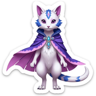 Kawaii white, indigo, purple, pink cute beautiful pretty elegant divine edgy feline-vernid-sergal-Fakémon-Pokémon-Digimon-fursona-animal-creature, full body, with intricate detailed markings, Embroidered capelet, silken shawl sticker