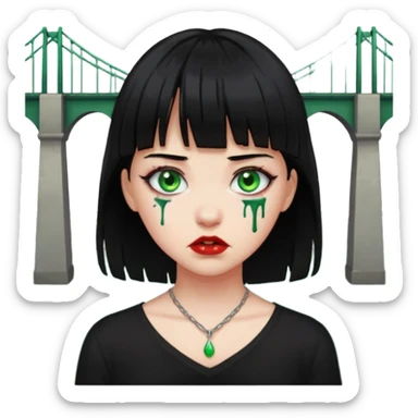 Guria com cabelo preto franjinha sangrando olhos verdes  fundo preto e um piercing bridgepiercing sticker