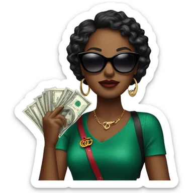 Create a black diva with sunglasses on holding a Gucci bag with money sticker