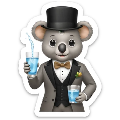 koala wearing suit, bowtie and top hat, holding glass of water sticker