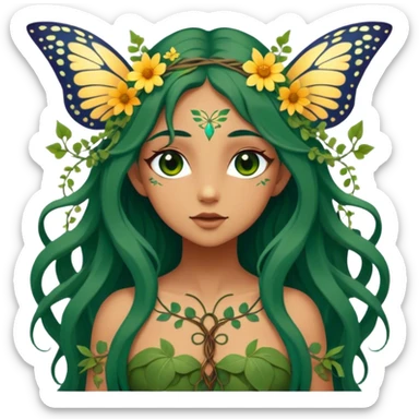 Cinematic Realistic Forest Nymph Fairy Portrait, depicted with lifelike, sun-kissed tanned skin that radiates an earthy glow, softly illuminated by natural, dappled light. Her long, flowing dark green hair is intricately detailed and interwoven with delicate vines and wildflowers, while her deep, soulful eyes mirror the wisdom of the forest. Dressed in an attire inspired by nature’s palette—with subtle botanical motifs—the portrait exudes a soft, enchanted glow that melds realism with woodland magic showing her large butterfly wings. sticker