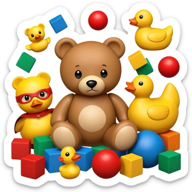 colorful children's toys scattered - teddy bear, yellow duck, wooden blocks, red ball, superhero figure sticker