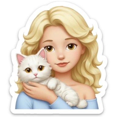 a girl with wavy blonde hair, a white fluffy cat lying on her left shoulder and neck, emoji style sticker