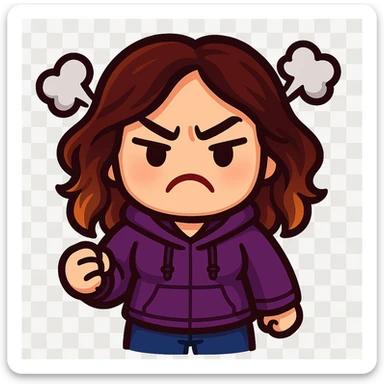 chibi emote of the woman from the reference images, wearing a purple hoodie and jeans, angry with steam puffs, no headband, no wand, transparent background sticker