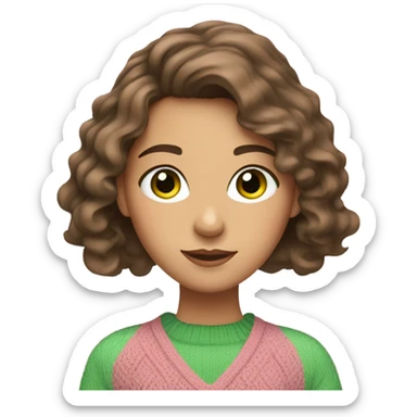 Caucasian brunette girl with wavy hair and green eyes and a pink sweater sticker