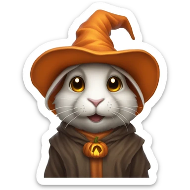 portrait of a rabbit wizard, with an orange hat and jackolantern sticker