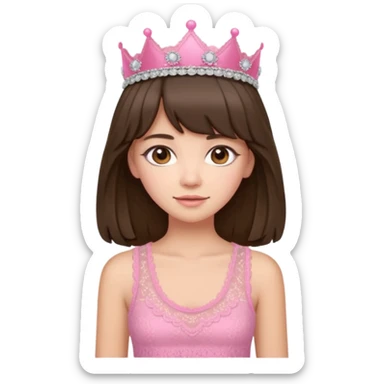 super long haired brunette with middle part curtain bangs cute pink lacy tank with a pink tiara on head, white but with a little bit of tan sticker