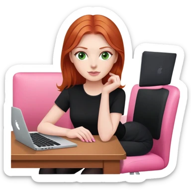 Redhead with green eyes sat at desk with pink MacBook and black top and pink chair  sticker