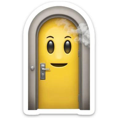 Minimalist emoji-style sticker of a half-open door, with smoke and a single glowing eye visible in the dark inside. Flat design, desaturated colors.
 sticker