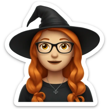 A girl with ginger hair wearing glasses and a witch hat sticker