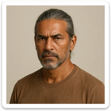 brown tanned man over 40 with long grey hair in a bun, serious expression, bust portrait, plain background sticker