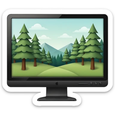 Minimalistic flat vector icon, iOS style, thin black contour on white background. Computer monitor with a simple forest scene on the screen (trees, minimal landscape). Clean, no text, no shadows sticker