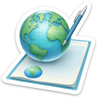 Create an emoji representing language translation. The design should feature just one globe in the background, symbolizing international communication. In front of the globe, place two books or sheets of paper with texs on them and a pen nearby to indicate the act of writing. Use a clean and professional color palette with blues, greens, and neutral tones. Make the background transparent. sticker