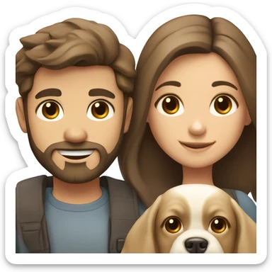 Brunette happy couple boy with beard and girl  with long hair with one cute beige French bull dog  sticker