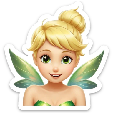 Cinematic Realistic Blonde Tinker Bell Fairy Portrait, head tilted dramatically with an exaggeratedly amused expression, featuring a striking, lively pixie form with radiant golden blonde hair and luminous, iridescent wings dusted with playful sparkles. Her expressive eyes brim with cheeky mischief, rendered with vibrant, lifelike textures and dynamic natural lighting that imbues the scene with an air of magical whimsy and over‐the‐top fairy fun. sticker