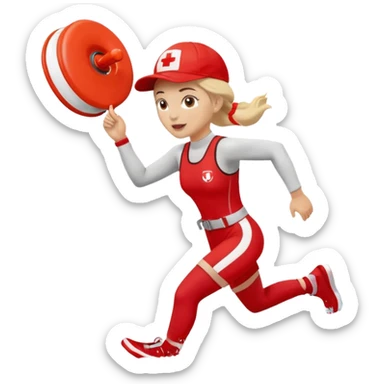 Female lifeguard – red cap, running along shore with rescue buoy sticker
