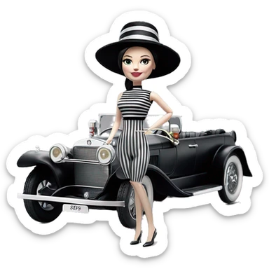 Kentucky Derby Barbie, 1910 Wednesday Addams from academy, in dark-gray and black striped outfit with hat. Smiling Driving Mercedes convertible sports car. Pale-white porcelain skin.  sticker
