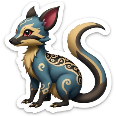Rare warm-colored exotic cute epic aesthetic gothic colorful Salandit-Eevee-Civet-species-Fakemon-hybrid-creature, with intricate tattoo markings, full body sticker