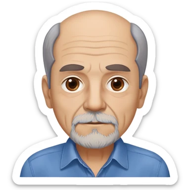Older slim Hispanic man in his 60s with light skin. Thinner face with pronounced features. Expressive brown eyes, thick eyebrows showing age. Short brown hair with significant receding hairline. Scraggly brown beard with gray patches. Wearing a blue button-up shirt on his lean frame. sticker