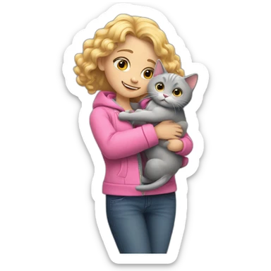 A girl with curly blonde hair in a pink jacket hugs a gray fat cat sticker