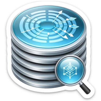 An icon featuring stacked server disks, a digital network grid, and binary code, symbolizing databases. The design includes data flow arrows and a magnifying glass, representing storage, organization, and retrieval of information. Transparent background highlights data-driven technologies. sticker