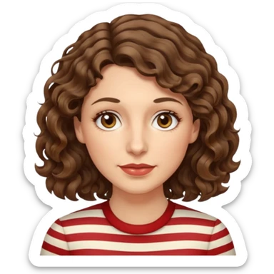 caucasian woman, 40s, chin-length wavy/curly/unruly brown-ish, few white stripes hair, hazel eyes sticker
