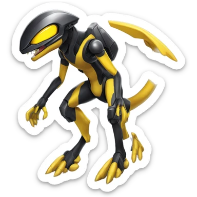 a shiny black-yellow Genesect-Raptor-Fakémon—hybrid with a futuristic visor-helmet full body sticker