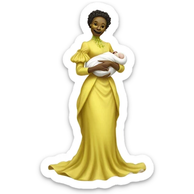  Reptilian alien woman , full body, in victorian jellow elegant dress smiling, holds a newborn white humman baby sticker