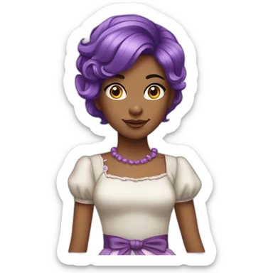 girl with striking purple hair. The girl's hair is styled in a hime cut. She has a medium brown skin sticker