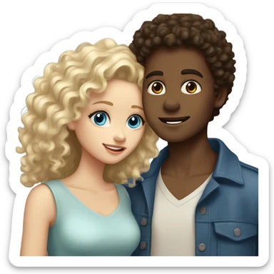 dark brown haired boy with fluffy hair and with brown eyes and light skin kissing a blonde curly haired girl with blue eyes sticker