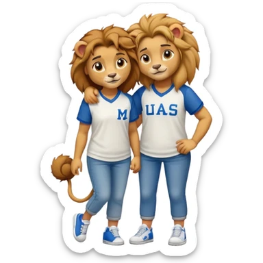 friendly anthropomorphised female lion wearing a baseball shirt, jeans, and trainers, comforting another character sticker
