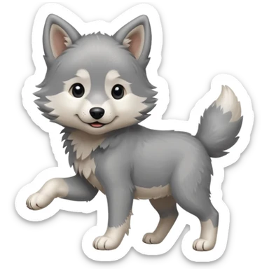 an animated gif-style sticker emote of a wolf puppy in a play bow wagging its tail in a smooth, natural arc over its back  sticker