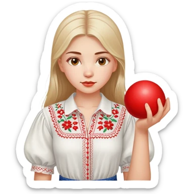 Ukrainian young girl in a white embroidered shirt holds a red ball of thread in her hand sticker