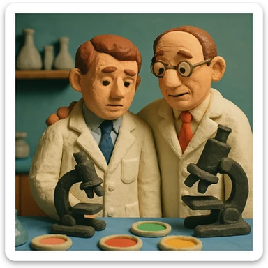 Two caring 1940s male scientists wearing white lab coats over a suite in their science laboratory full of microscopes and petri dishes. sticker