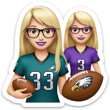 full length women wearing eagles uniform, long blonde hair, straight bangs, black glasses, holding football, number 33, smiling, purple lipstick sticker