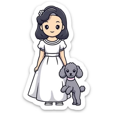 beautiful girl with long black hair in a white dress holding a small gray poodle sticker
