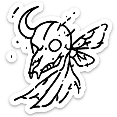 maximum deterioration: extremely fragmented red line art of a single fused skull combining minotaur and stoat features into one hybrid skull (not separate skulls), with broken horn, single glowing red eye, tattered cape elements, and disintegrating moth wings, most outlines missing, severe gaps and broken lines, eroded to almost nothing sticker