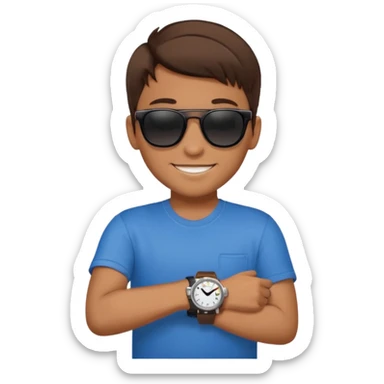 Un niño con pelo lacio color castaño,con lentes de sol negros y un reloj en la mano sticker