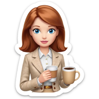 A Barbie girl with blue eyes, shoulder-length reddish-brown hair, made-up, wearing a white tweed jacket and a beige skirt, is sitting at a table with a cup of coffee in her hands sticker